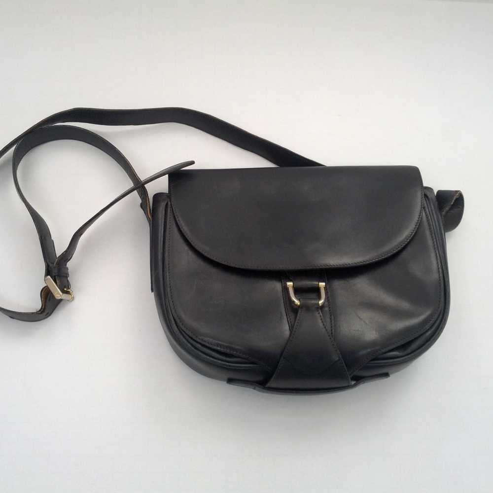 Vintage small blue leather long strap purse bag